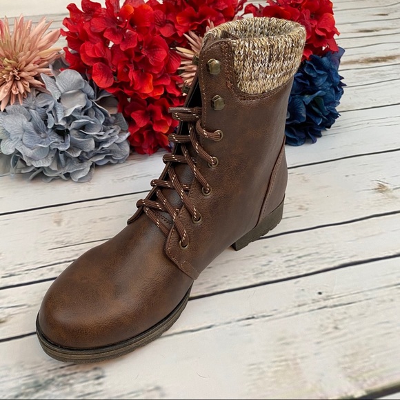Brown Sweater Cuff Lace Up Ankle Boot - Picture 11 of 15